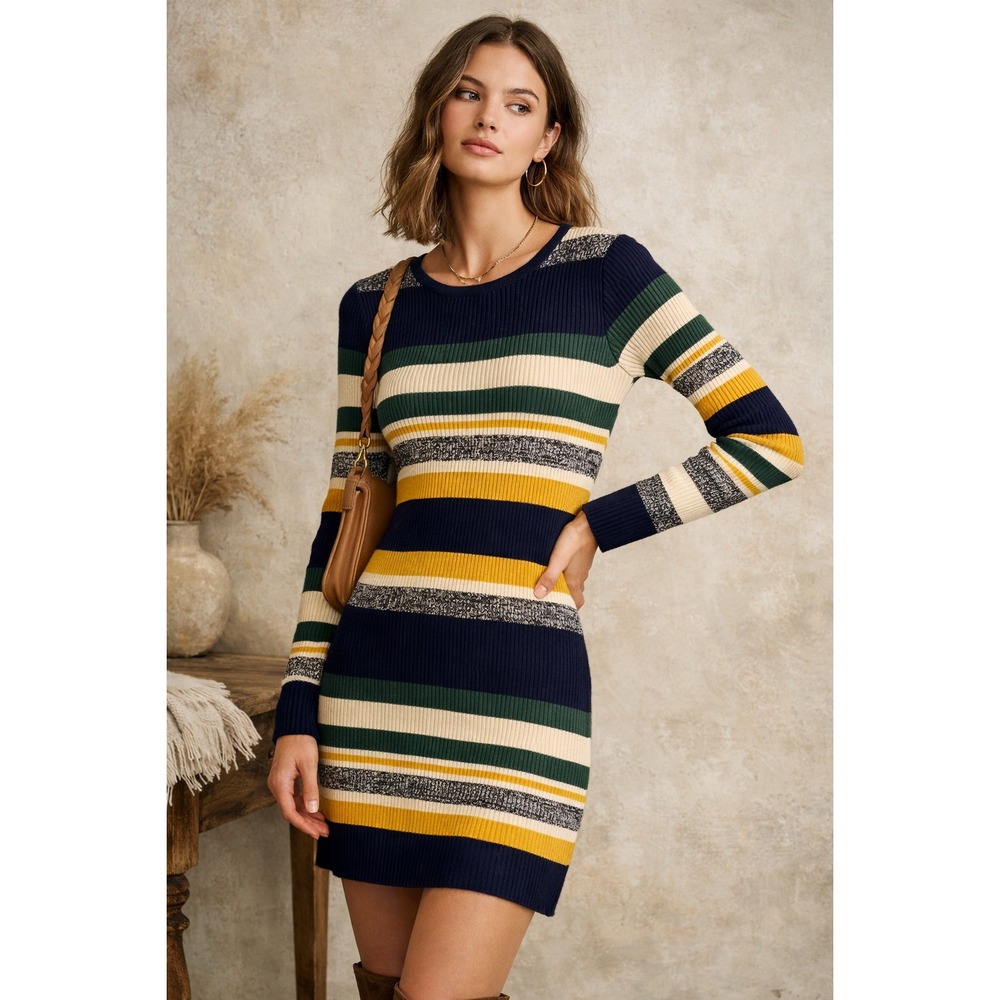 Storia Y2K Ribbed Knit Bodycon‎ Sweater Dress Small Striped Long Sleeve